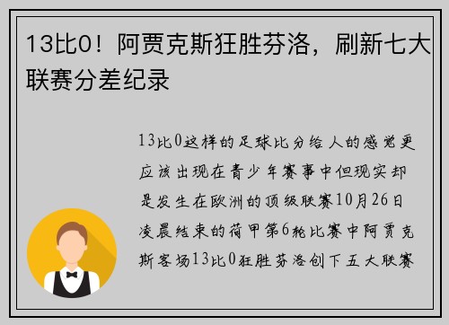 13比0！阿贾克斯狂胜芬洛，刷新七大联赛分差纪录